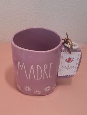Rae Dunn MADRE Ceramic Mug in Dusty Pink with Daisy Trim and Daisy Charm